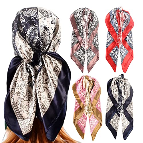 4Pcs Silk Head Scarves for Women Satin Hair Scarf 35”Large Square Bandana Silk Like Neck Scarf Shawl - color: Navy/Red/Coffee/Purple