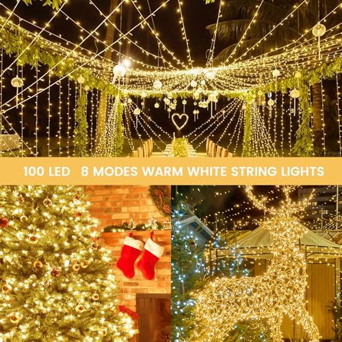 33FT 100 LED Battery Operated Christmas String Lights 8 Modes Twinkle Light - color: Warm White, size: 1PK(100LED)