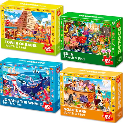 QUOKKA 60 Piece Kids Puzzles Ages 5-8 - Set of 4 Bible Jigsaw Puzzles for Kids 4-6-10 Year Old - Tower of Babel - Noah`s Ark - Eden Toys for Children 5-7 yo - Christian Gifts for Boys & Girls - color: Yellow Ang Green