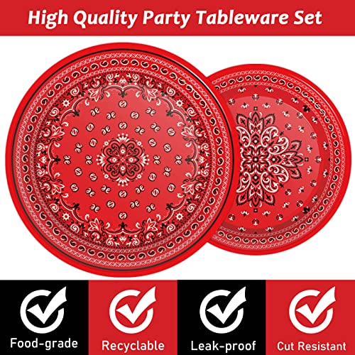 96 Pcs Red Bandana Western Party Plates Napkins Tableware Set Paisley Cowboy Cowgirl Farm Themed Supplies Disposable Dinnerware Western Decoration Favors for Kids Baby Shower Birthday, 24 Guests - style: Red Bandana Western Party