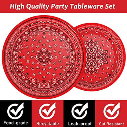 96 Pcs Red Bandana Western Party Plates Napkins Tableware Set Paisley Cowboy Cowgirl Farm Themed Supplies Disposable Dinnerware Western Decoration Favors for Kids Baby Shower Birthday, 24 Guests - style: Red Bandana Western Party