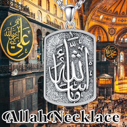 Allah Necklace 925 Sterling Silver Islamic Muslim Necklace Arabic Calligraphy Allah Dog Tag Pendant Islamic Jewelry gifts for Men Women - style: Allah-Mashallah-Custom