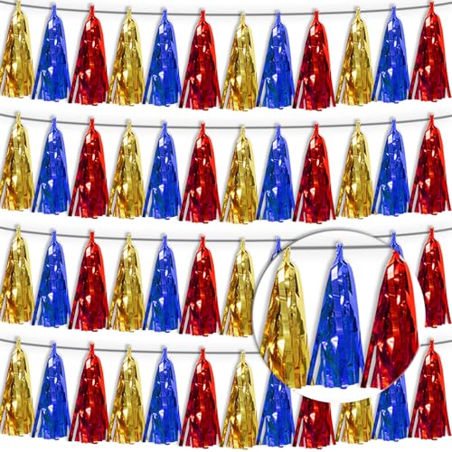4P Gold Blue Red Tassel Banner Garland Metallic Foil Fringe Banner Tinsel Tassels Streamer Banner Backdrop for Parade Floats Graduation, Halloween, Christmas, Baby Bridal Shower Party Decorations - color: Gold Blue Red