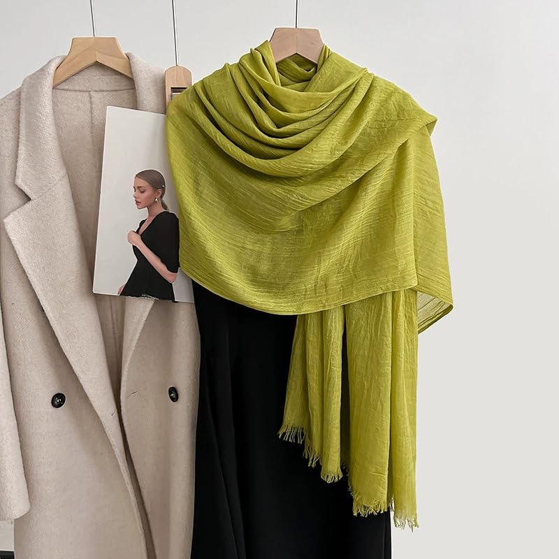 Solid color cotton and linen scarf, wrinkled all season versatile long sunscreen fashionable shawl - color: Autumn Fragrant Yellow
