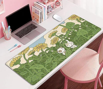 Sunflower Desktop Mouse Pad Large,Cute Mouse Pads,Cartoon Anime Mouse Mat for Desk,Desk Mat with Stitched Edges,Non-Slip Waterproof Rubber Base,Keyboard Computer Office Home Work(27.5X11.8 in) - color: Sunflower and 2 Rabbits