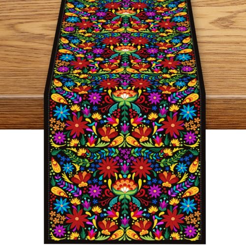 Mexican Table Runner, Rustic Colorful Mexico Fiesta Dia De Los Muertos Floral Birds Day of The Dead Boho Coffee Table Center Decor for Kitchen Dining Holiday Home Party Table Decorations, 13"x36" - color: Mexican-6, size: 13“ X 36"