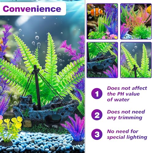 Ameliade Fish Tank Decor Set with Shipwreck Decoration, Little Diver Floating & 13 Aquatic Artificial Plants - Betta Plants & Hiding Spots for Aquariums and Small Fish Tank Accessories