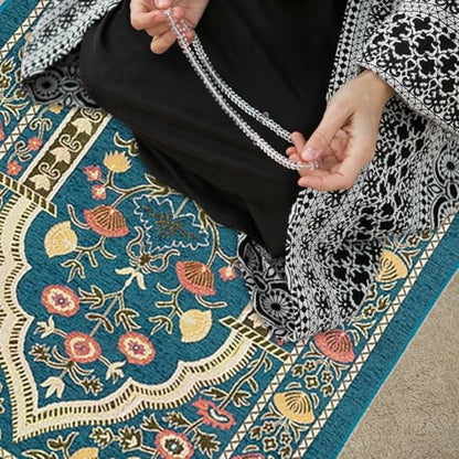 Muslim Prayer Rug, Soft Plush Thin Islamic Prayer Mat, Travel Janamaz, Sajada Tassel Praying Carpet, Ramadan Eid Hajj Gift - color: Green