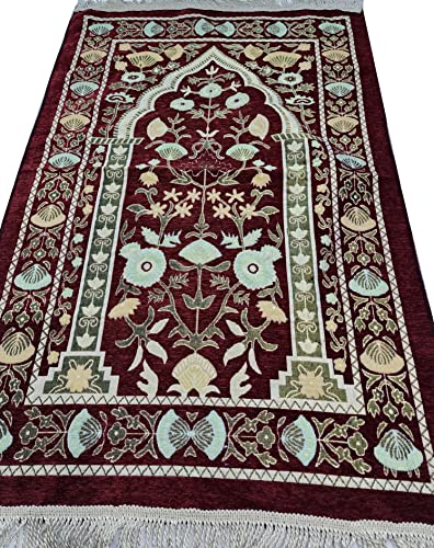 Muslim Thin Salah Mat Islam Portable Sajadah Praying Carpet AMN-389 Floral Design Travel Rug Muslim Eid Ramadan Gift (Red)