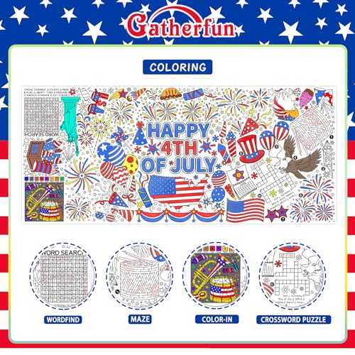 Gatherfun 7월 4일 컬러링 식탁보 | 애국적인 자이언트 포스터 80.9 x 182.9cm(31.5 x 72인치) | 독립 기념일 장식 및 활동에 이상적 | 교실 벽 또는 학교 파티 테이블 커버를 위한 미국 국기 테마 - style: 독립 기념일