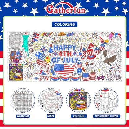 Gatherfun 7월 4일 컬러링 식탁보 | 애국적인 자이언트 포스터 80.9 x 182.9cm(31.5 x 72인치) | 독립 기념일 장식 및 활동에 이상적 | 교실 벽 또는 학교 파티 테이블 커버를 위한 미국 국기 테마 - style: 독립 기념일