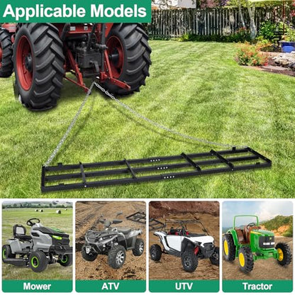 8 FT Drag Harrow Driveway Grader with 6 FT Chain | Tow Behind Lawn Rake for ATV, UTV, Tractor, Mower, Land Leveler for Gravel, Sand, Soil, Hay - size: 8 FT