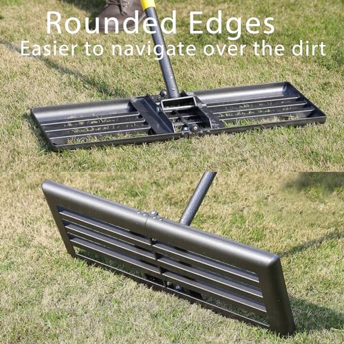 Lawn Leveling Rake Heavy Duty, 30"x10" Large Ground Plate Leveler Tool, Anti Flipping Smooth Edge Pull Behind Garden Landscape Rake for Soil Sand Dirt Yard Top Dressing, Long Handle 65 Inch