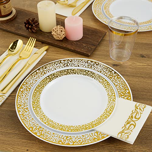 FOCUSLINE 175 Ct Gold Dinnerware Set for 25 Guests, Plastic Plates with Gold Lace Rim Design, Including 25 Disposable Dinner & Dessert Plates, Cups, Napkins, Cutlery Set - color: Gold Dinnerware Set