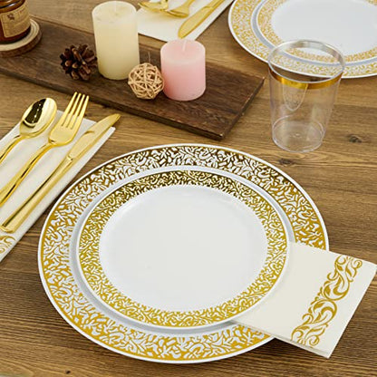 FOCUSLINE 175 Ct Gold Dinnerware Set for 25 Guests, Plastic Plates with Gold Lace Rim Design, Including 25 Disposable Dinner & Dessert Plates, Cups, Napkins, Cutlery Set - color: Gold Dinnerware Set