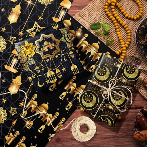 WGOCAUK 12 Sheets Eid Mubarak Wrapping Paper, 20x27in Moon Star Words Lantern Patterns Gift Wrap Paper Ramadan Kareem Wrapping Paper for Mubarak Party Gift Wrapping Supplies (Black) - color: Black