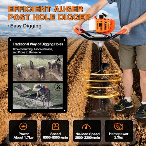 Auger Post Hole Digger, Gas Powered Earth Post Hole Digger Post Holes Earth Digger Petrol Drill Borer Bulb Planting Drill Fence Hole Maker Machine (52CC 2.3HP 1.7KW(30inch)) - size: 52CC 2.3HP 1.7KW(30inch)