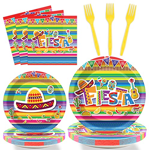 96 Pieces Fiesta Party Decorations Mexican Plates Tableware Set for De Mayo Party Decorations Supplies Mexican Themed Paper Dessert Plates Napkins Forks for 24 Guests Birthday Party Favors - style: Mexican Fiesta