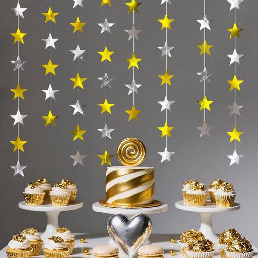 Gold Silver Shining Star Hanging Garland Gold and Silver Hanging Sparkling Star Streamer Glitter Bunting Banner Twinkle Backdrop for Wedding Baby Shower Birthday Christmas Decorations 40 Feet - color: Gold Silver