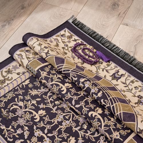 Muslim Prayer Rug with Islam Prayer Beads - Travel Prayer Mat, Islamic Gifts for Women, Portable Prayer Matt Islam, Islamic Prayer Rug Islam Men Women, Praying Mat for Muslim Gifts, Purple - color: Purple