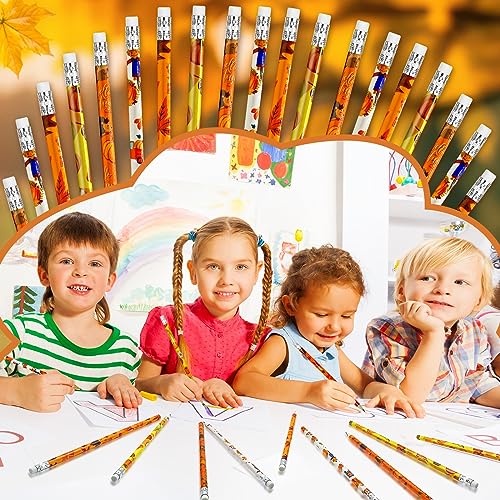 Cinrobiye 100 Pieces Fall Thanksgiving Day Pencils with Eraser Holiday Fall Maple Leaf Autumn Pumpkins Wood Scarecrow Acorns Pencils for Harvest School Party Gift Supplies - style: Fall