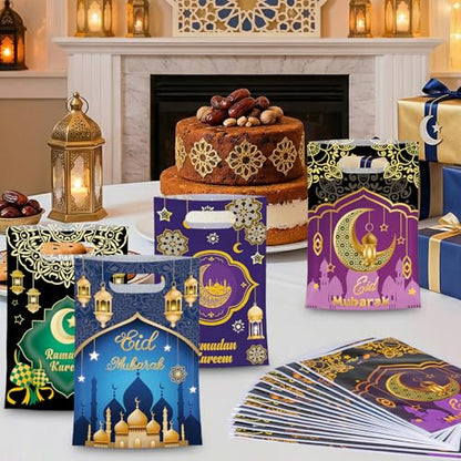 50 Pcs Ramadan Gift Bags with Handles - Eid Mubarak Goodie Bag, Ramadan Kareem Plastic Goody Candy Cookie Snack Treat Party Favor Bags Bulk for Islamic Muslim Eid Mubarak Party Supplies Favors,4 Style - color: Ramadan