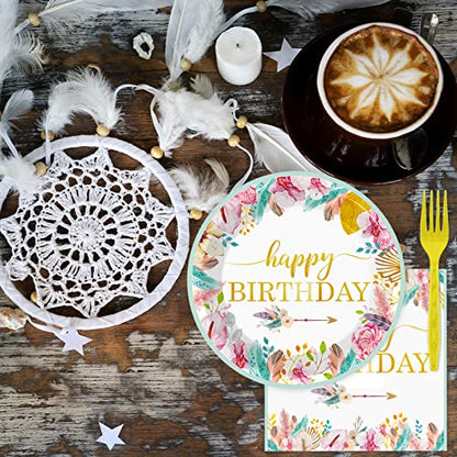 Tevxj 96 Pieces Happy Birthday Party Plates Napkins Boho Decorations Gold Metallic Tableware for Boys and Girls Happy Birthday Dessert Plates Napkins Forks for 24 Guests Party Supplies Favor - style: Boho Happy Birthday