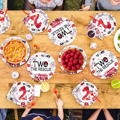 Grencian 96Pcs Two the Rescue Birthday Decorations Emergency Vehicle Theme Plates and Napkins Fire Truck Tableware Ambulance Dinnerware for Kid Emergency Vehicle 2 Years Old Birthday Party Decorations - style: Rescue Vehicles 2nd Birthday Set