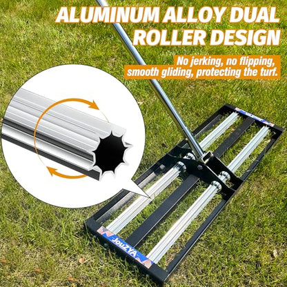 Updated Lawn Leveling Rake 17"x10", Lawn Leveler with Aluminum Rollers | Yard Leveling Rake Stainless Steel with 27-80" Adjustable Handle, Heavy-Duty Lawn Rake Suit for Garden, Golf Lawn, Farm - size: 17''x10'' With Roller (Black)
