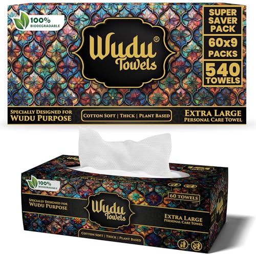 [Bulk 540-Count] Wudu Towels – 60 Count x 9 Packs – Biodegradable Dry Ablution Towels – Islamic Prayer Accessory for Home, Mosque, Travel – Pairs with Prayer Beads, Mats & Qibla Compass - color: Black Case