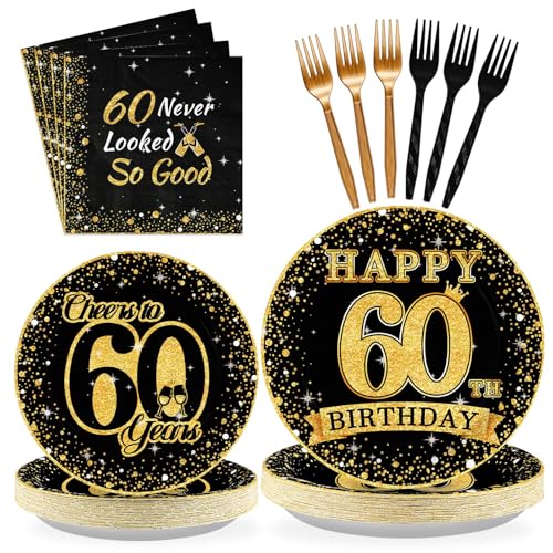 Greencian 96Pcs Cheers to 60th Birthday Party Decorations, Serves 24 - style: New 60th Birthday Kit