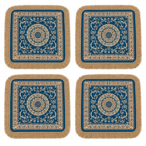 Soft Chenille Prayer Mat | 2x2 Feet Traditional Mandala Floral Pooja Aasan with Golden Fringes | Multipurpose Square Rug for Meditation, Yoga, Puja Room & Home (Pack of 4, Turquoise) - color: Turquoise, size: 2x2 Feet