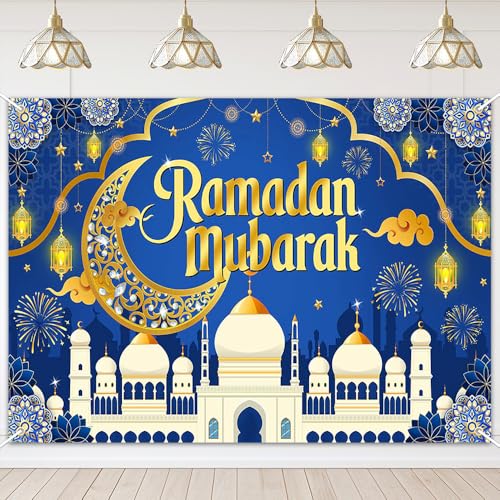 Mocsicka Ramadan Mubarak Decorations Backdrop Blue Gold Muslim Ramadan Kareem Banner Eid Mubarak for Home Muslim Party Supplies (Blue, 7x5ft) - color: Blue, size: 7x5ft