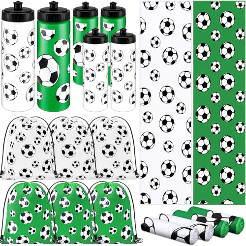 FuWeave 18 Pcs Sports Party Favors Basketball Soccer Water Bottle Baseball Softball Cooling Towel 6 Sports Water Bottle 6 Ice Towel 6 Drawstring Bag Football Volleyball Towel for Team Gift