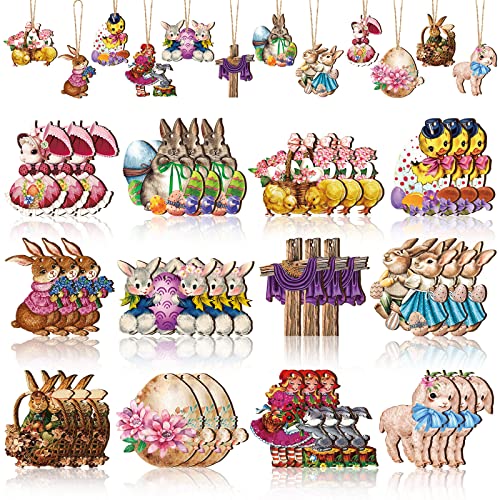 Patelai 36 Pcs Vintage Easter Ornaments for Tree Easter Retro Wooden Hanging Ornaments Cute Bunny Lamb Chick Egg Duck Classic Easter Decorations for Home Party Supplies - style: Bunny