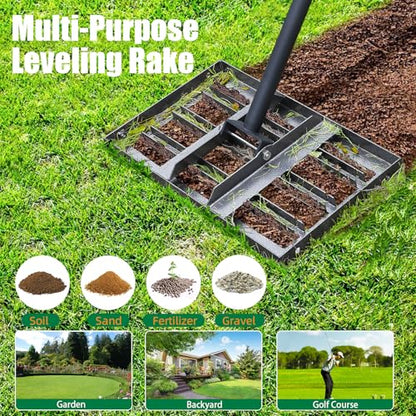 Lawn Leveling rake 17"x9.4" Levelawn Tool with 70.5" Adjustable Long Handle Heavy Duty Landscape Leveling Rake Lawn Leveler Yard Tool for Backyard, Golf Course, Garden, Pasture, Farm
