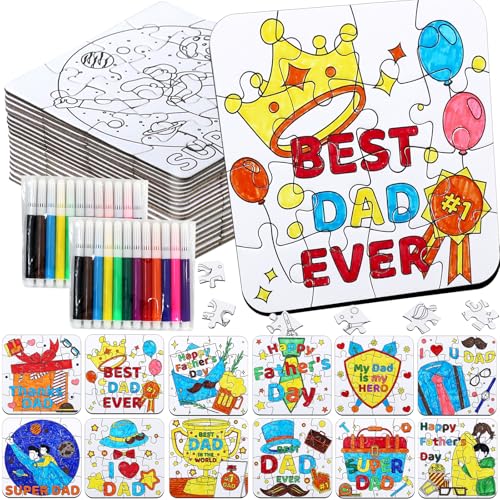 24 Set Fathers Day Crafts for Kids Classroom Bulk, Father's Day Arts DIY Jigsaw Puzzle with Shirt Hat Crown, Summer Camp Best Dad Activity Painting Kit for School Gifts Coloring Games Party Favors - color: Father's Day Colorful