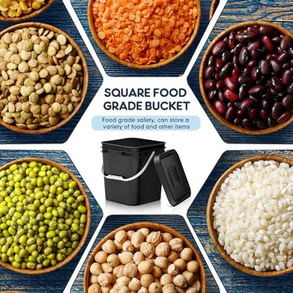 Mumufy 10 Pcs 3.5 Gallon Square Food Grade Bucket with Lid Plastic Buckets Pail with Handle Lid Heavy Duty Buckets for Storing Dry Food Charcoal Camping Fishing(Black) - color: Black, style: Square