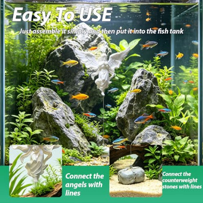Floating Fish Tank Decorations,Aquarium Angel Decor - White Angel Ornament with Simulated Stone Weight,Betta Fish Tank Decorations,Cool Aquarium Decor for Beginner Fish Tanks