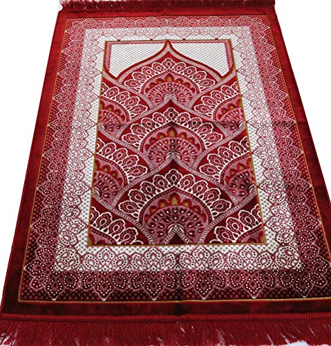 Modefa Islamic Prayer Rug Large Wide Velvet - Muslim Janamaz Sajada - Thick Turkish Prayer Mat Carpet for Men Women- with Kufi Cap - Plush Paisley (Red)