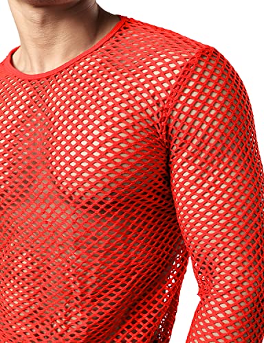 JOGAL Mens Fishnet Mesh Long Sleeve Shirt Fitted Muscle Top - color: Red, size: XX-Large