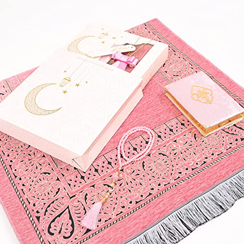 IEF Personalized Prayer Rug Quran Prayer Beads Islamic Gift Set, Ramadan Eid Wedding Birthday Mother's Day Father's Day Anniversary Day Gifts - color: Pink with Bag