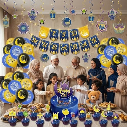 Eid Mubarak Decorations Set 72 PCS - Blue & Gold Ramadan Decorations for Home with Eid Mubarak Banner, 18 Latex Balloons, Cake Toppers & Hanging Swirls - Complete Eid Al-Fitr Party Supplies Kit