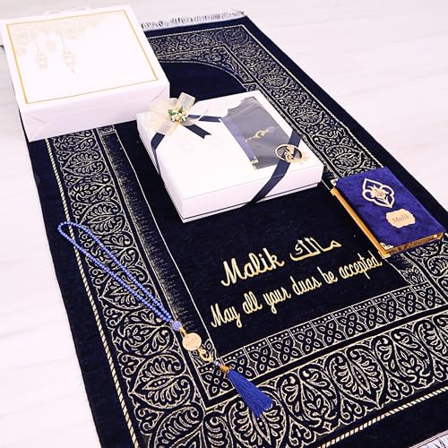 IEF Personalized Prayer Mat Quran Bead Set Eid Gifts, Muslim Wedding Gifts Birthday Gifts for Men, Father's Day Gifts, Prayer Rug Pearl Prayer Beads Arabic Quran (Navy Blue) - color: Navy Blue
