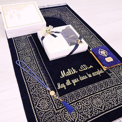 IEF Personalized Prayer Mat Quran Bead Set Eid Gifts, Muslim Wedding Gifts Birthday Gifts for Men, Father's Day Gifts, Prayer Rug Pearl Prayer Beads Arabic Quran (Navy Blue) - color: Navy Blue