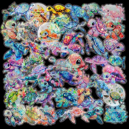 Yoksas Cute Holographic Sea Turtle Stickers - 50Pcs Waterproof Clear Kawaii Shiny Ocean Life Stickers for Scrapbook,Water Bottles,Laptops,Birthday Party Supplies - color: Sea Turtle
