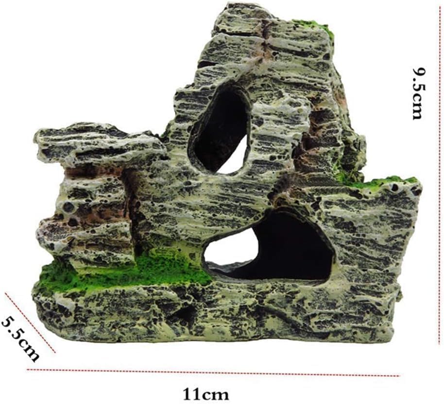 Resin Aquarium Mountain Decor with Moss Rock Cave - Multi-Level Terrain for Fish Tank Landscaping, Natural-Looking Rockery Design with Hidden Cave and Crevices for Shrimp, Reptile Habitat Aquascaping