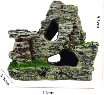 Resin Aquarium Mountain Decor with Moss Rock Cave - Multi-Level Terrain for Fish Tank Landscaping, Natural-Looking Rockery Design with Hidden Cave and Crevices for Shrimp, Reptile Habitat Aquascaping