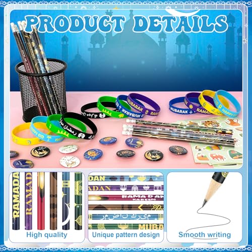 116 Pcs Eid Ramadan Mubarak Gifts Ramadan Stationery Include 36 Ramadan Pencils 36 Wristbands 36 Badges 8 Stickers for Eid Mubarak Party Favor Decor Supplies Ramadan Gift