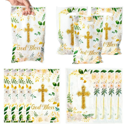 ANGOLIO Easter Treat Party Bags - 50Pcs White Gold Party Favors Bags Print Easter Cross God Bless Candy Bags with Handles Plastic Gifts Bags Birthday Snack Bags Easter Party Favor Supplies for Kids - color: White Gold
